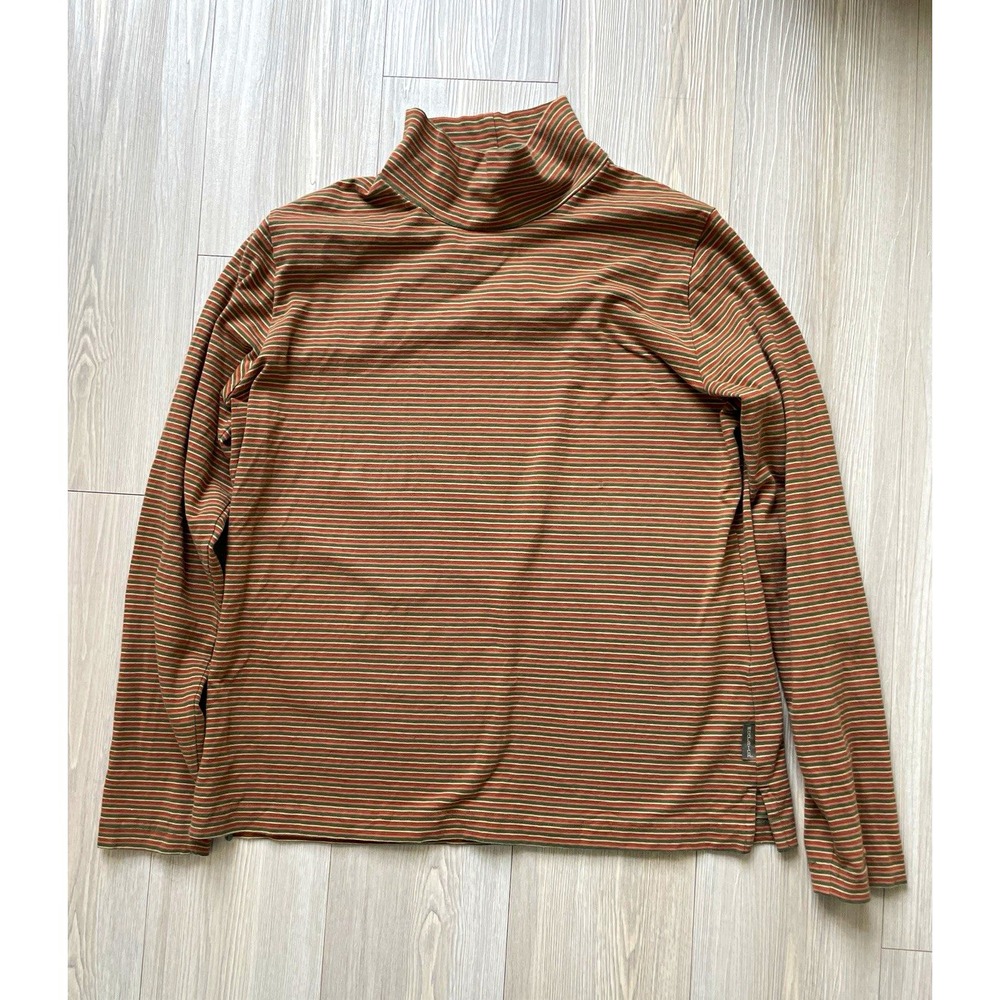Woolrich Women's Sz PL Green Orange Striped Turtleneck Knit Sweater 90s Preppy